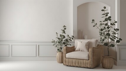 Living room interior with wicker armchair and eucalyptus plant, white wall mock up background. Empty wall, copy space, 3D render
