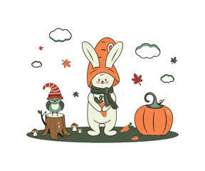 A cute children's illustration with a funny rabbit in a hat and a cute bird. Vector design for postcards, covers, banners and more.