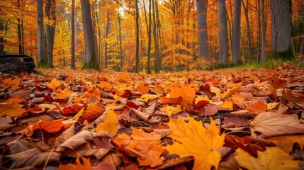 A vibrant autumn forest with a carpet of fallen leaves