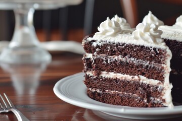 A decadent slice of chocolate cake on a white plate, AI generated