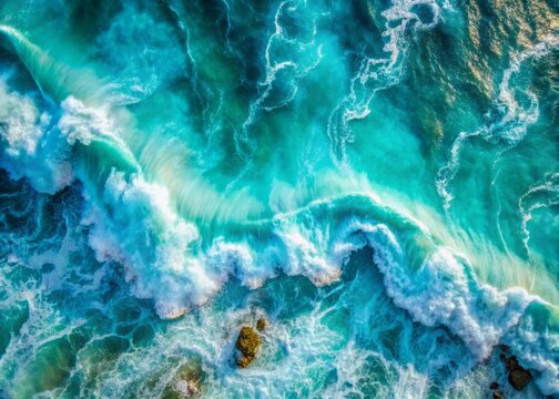 Vibrant turquoise ocean water with dynamic splashes and foamy waves creates a stunning abstract natural background and texture in this breathtaking overhead aerial view.
