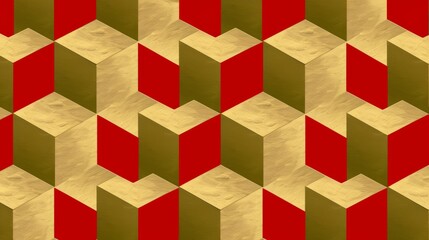 Obraz premium Abstract geometric pattern with gold and red shapes creating a three-dimensional illusion. The combination of colors and textures adds depth and visual interest