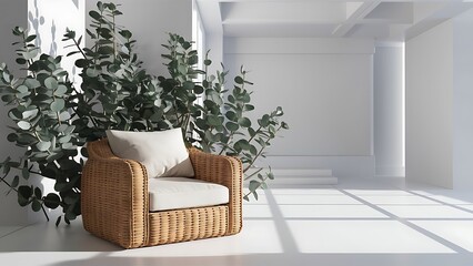Living room interior with wicker armchair and eucalyptus plant, white wall mock up background. Empty wall, copy space, 3D render