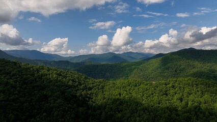 Beautiful Smoky Mountain range with green trees under blue sky and fluffy clouds