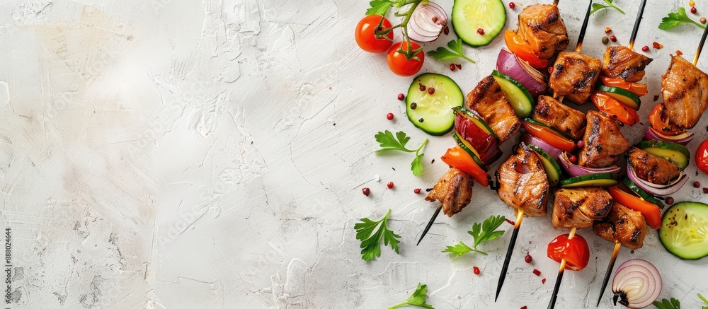 Aufkleber top down view of tasty barbecue skewers with a side of summer salad consisting of cherry tomatoes cu