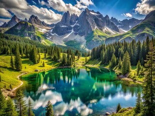 Majestic mountain range with lush green forests, rugged trails, and serene lakes, evoking a sense of adventure and freedom in the great outdoors.