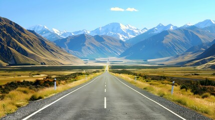 Fototapeta premium Long straight road leading through a scenic valley with mountain ranges in the distance under a clear blue sky.