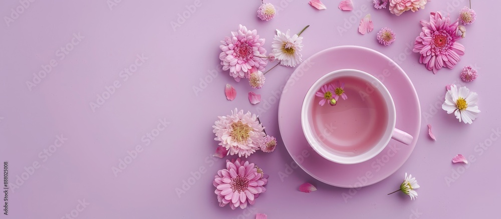 Poster top view of a creative design with a pattern of flowers in a teacup on a light purple background cre