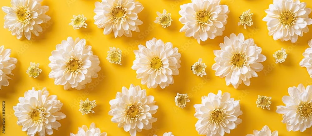 Poster high quality photo of a flat lay chrysanthemum pattern creating a floral composition with a frame in