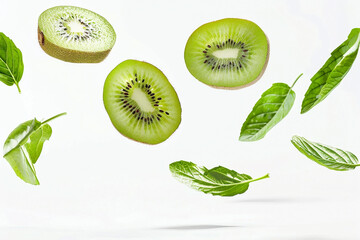Fototapeta premium Slices of kiwi fruit and green leaves in air isolated on a white background.