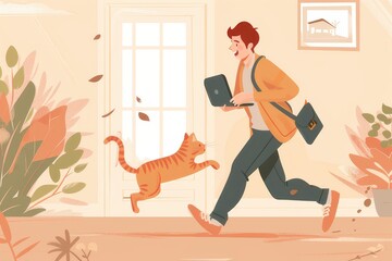 Funny Escape - Young Man Running from Office with Laptop, Briefcase, and Cat