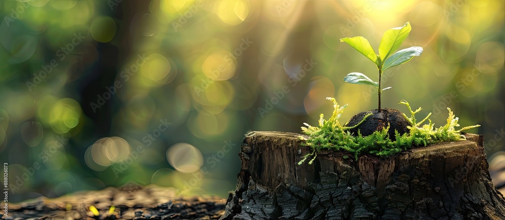 Poster a tiny tree sprouting on a stump with a tree trunk backdrop in a copy space image