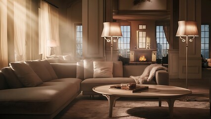 Luxurious living room interior with a grey couch, lamps, coffee