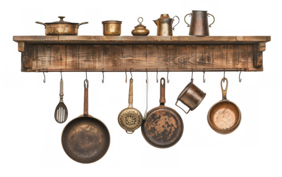 Wooden Kitchen Shelf with Hanging Pots and Pans