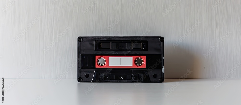 Aufkleber audio cassette displayed on a clean white backdrop with a box in the shot emphasizing the copy space