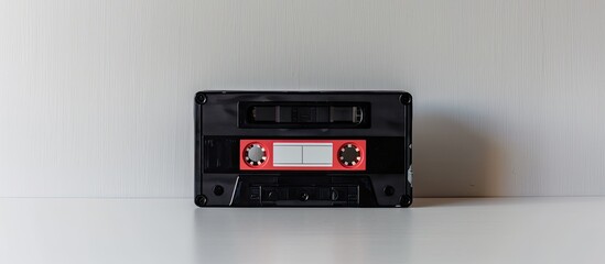 Audio cassette displayed on a clean white backdrop with a box in the shot emphasizing the copy space image
