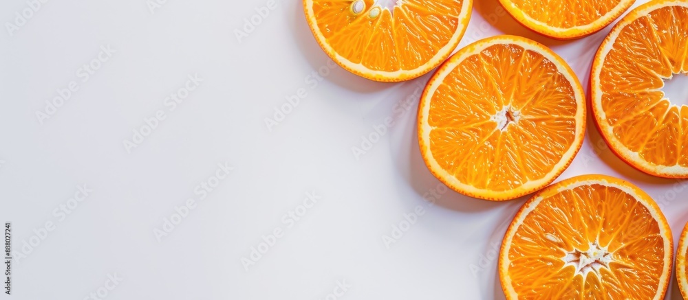 Poster fresh orange slices arranged on a white background with copy space image
