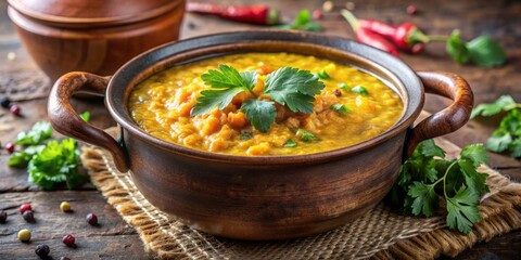 Vibrant yellow dahl simmers in a rustic, earthenware pottery pot, garnished with fresh cilantro, against a warm, textured, natural stone background.