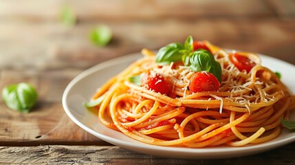 A delicious plate of spaghetti with cherry tomatoes and basil