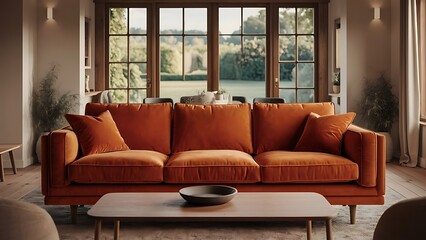 Living room with orange sofa