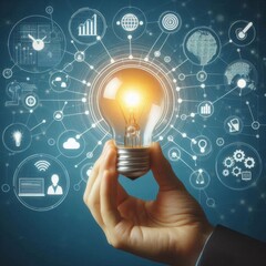 Hand holding light bulb and business digital marketing innovation technology icons on network connection