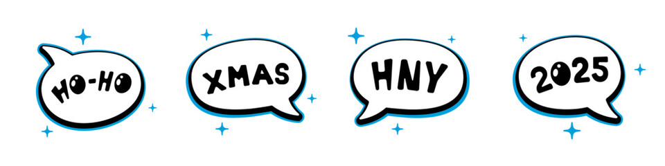 Holiday cartoon comic speech bubble sticker collection with sparkle stars and various messages HO-HO, XMAS, HNY, 2025. Merry Christmas and Happy New Year isolated label set vector eps illustration