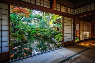 Traditional Japanese house with garden and koi pond