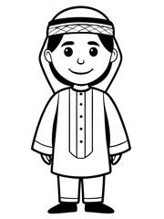  Line art of a Cartoon Arabic boy wearing a traditional costume  