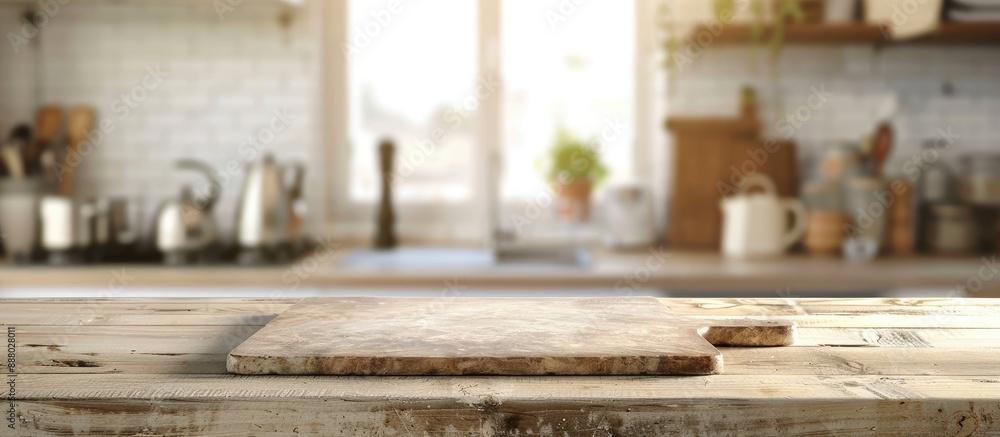 Aufkleber abstract blurred kitchen background with a stone board on an empty table provides a copy space image