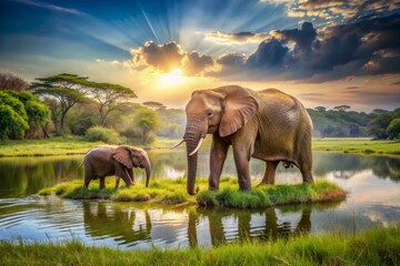 Naklejka premium A majestic mother elephant gently guides her curious calf through a lush, sun-drenched meadow alongside a serene lake, exuding peacefulness and tender bonding.