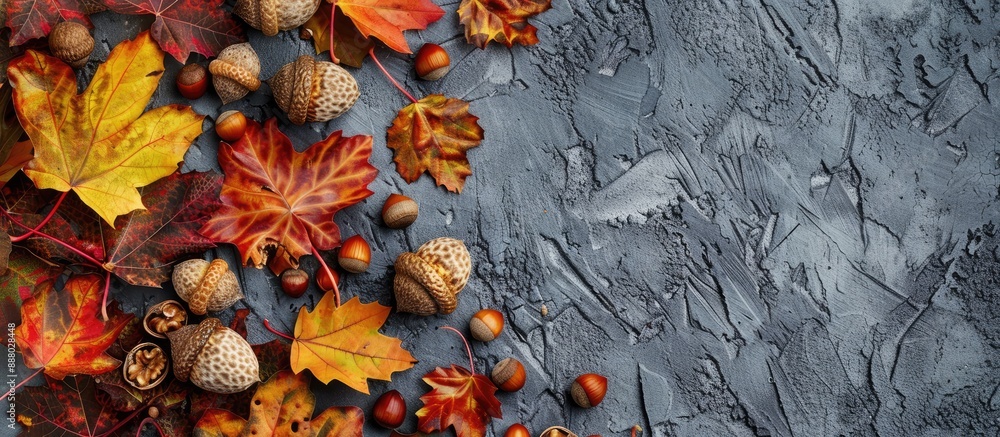 Poster a fall themed border featuring colorful leaves acorns and walnuts on a textured gray concrete backgr