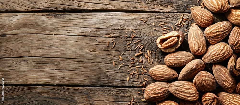 Poster wooden background with almonds in shell and shelled almonds creates a copy space image