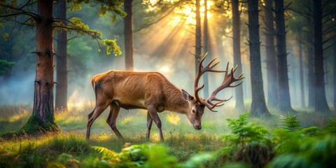 Majestic deer with large antlers and brown fur grazes peacefully in a serene forest surrounded by tall trees and lush green vegetation under misty morning light.