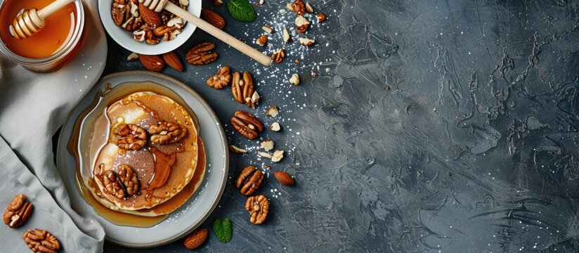 Top down view of homemade pancakes adorned with nuts and honey on a textured gray surface for Pancake Day offering copy space image