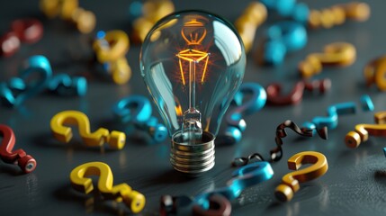 A glowing light bulb surrounded by floating question marks on an isolated background