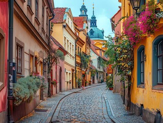 Naklejka premium Charming old town with narrow streets, colorful buildings, and historical landmarks, capturing cultural heritage