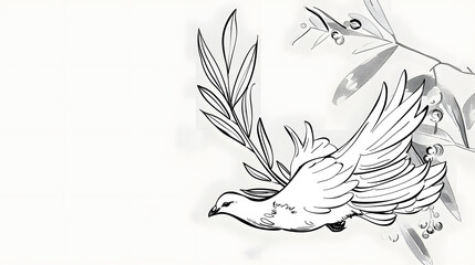 International Day of Peace Simple Black Line Sketch of Dove and Olive Branch on White Background.






