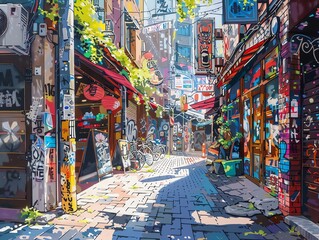 Dense urban alleyway with vibrant street art, bustling shops, and a lively atmosphere, capturing the essence of city life