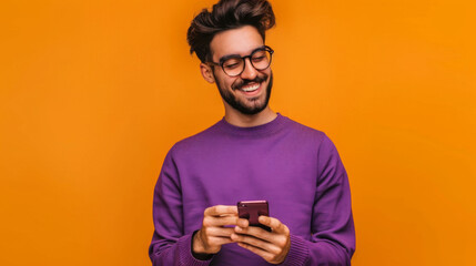 Fototapeta premium Tech Meets Style: A Man in Eyeglasses and Purple Sweater Seamlessly Blends Fashion and Technology