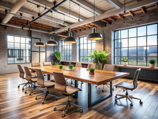 Modern loft-style office with industrial-chic decor, sleek wooden tables, and minimalist chairs, set for a business presentation, with empty seats and a vacant speaker's spot.
