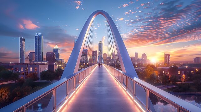 Modern bridge with sleek lines, innovative engineering, and a stunning view of the city skyline, highlighting architectural prowess