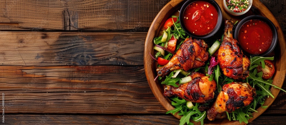 Aufkleber top view of a roasted spicy chicken drumstick served with salad and sauce on a wooden backdrop with 