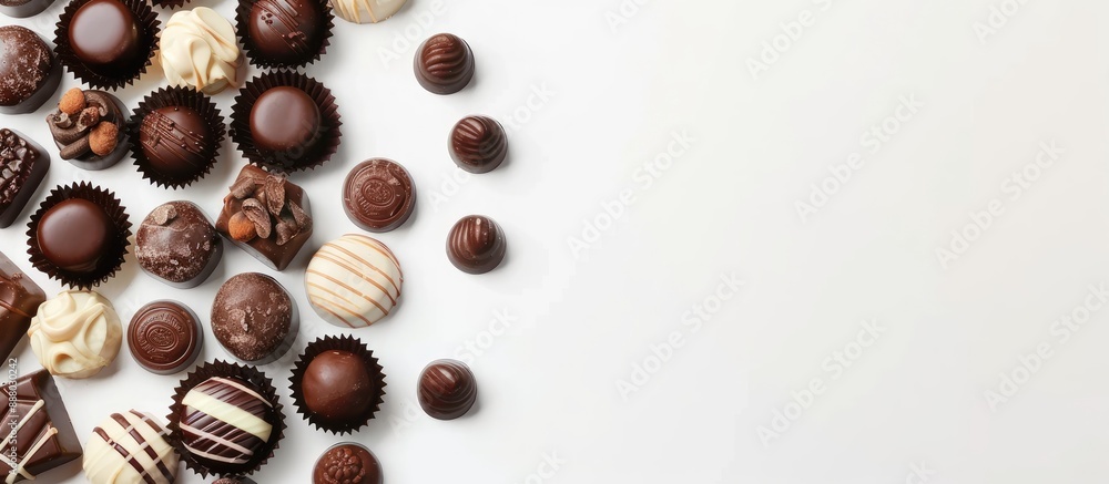 Poster variety of chocolate candies arranged on a white background with space for text creating a copy spac