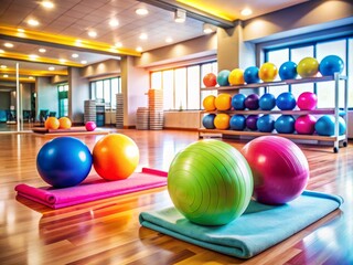 Brightly lit gym atmosphere with various equipment, colorful exercise balls, and towels, conveying a sense of energy and readiness for a fitness session.