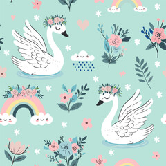 Seamless pattern with cartoon cute baby swan, gentle flowers, rainbow and clouds. Adorable texture with cute birds. Vector texture