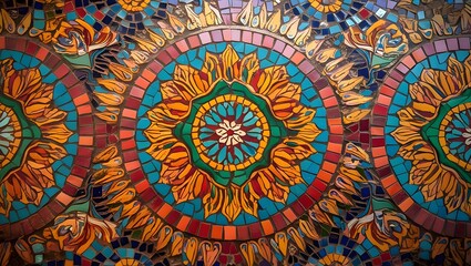 Vibrant Mosaic Artwork with Intricate Floral Patterns Abstract Background