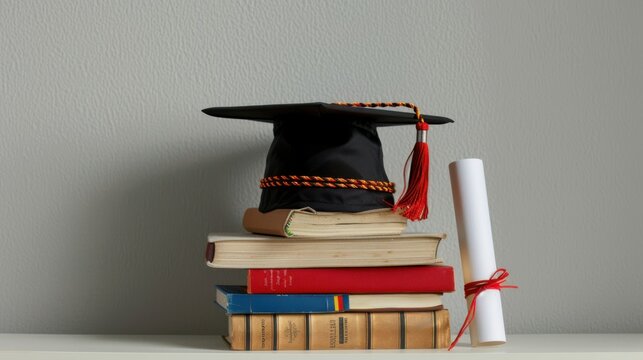 A graduation cap and diploma floating above a stack of books on an isolated white background