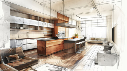 Modern Stylish Room Interior Design Sketch: A High-Quality Conceptual Illustration of a Sleek and Contemporary Living Space