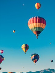 Obraz premium Hot air balloon festival with bright blue sky and beautiful mountains with slightly blurred background, colorful balloons floating in the sky