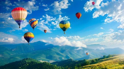 Obraz premium Hot air balloon festival with bright blue sky and beautiful mountains with slightly blurred background, colorful balloons floating in the sky